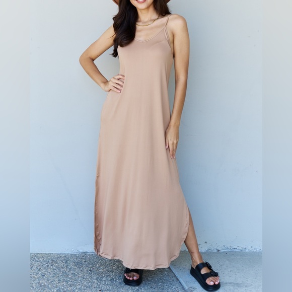 SALE! Ninexis Good Energy Full Size Cami Side Slit Maxi Dress in Camel Tan - Picture 5 of 5